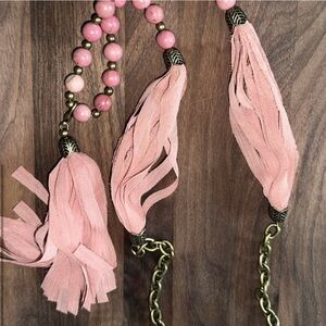Pink Rhodonite Beaded and Gold Metal Tassel Necklace